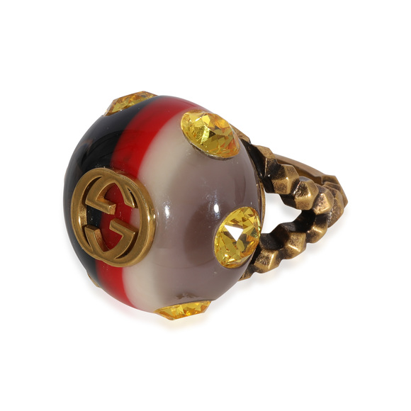 Gucci Brass Tone Crystal & Resin Sylvie Web Cocktail Ring - Picture 4 of 5